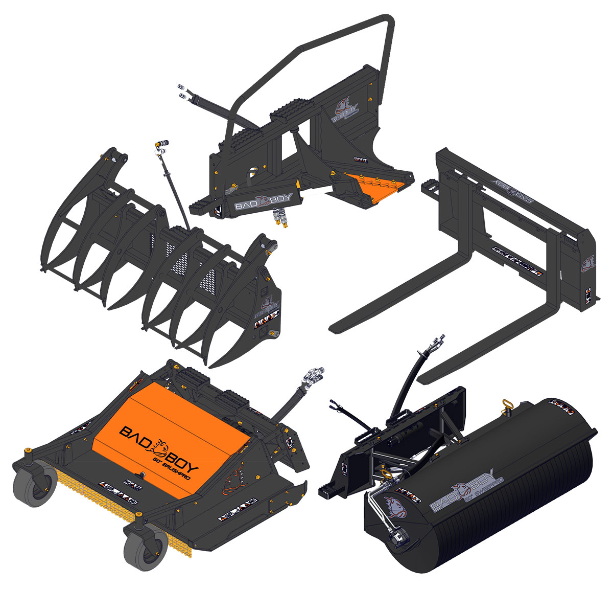 Terrain SAL attachments including grapples, cutters, brooms, mowers, snow blowers, and tree pullers